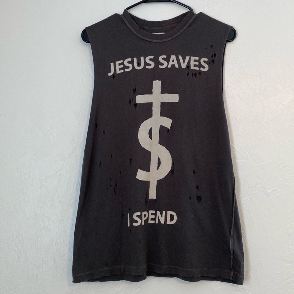 Original UNIF “Jesus Saves I Spend” Distressed Muscle Tank